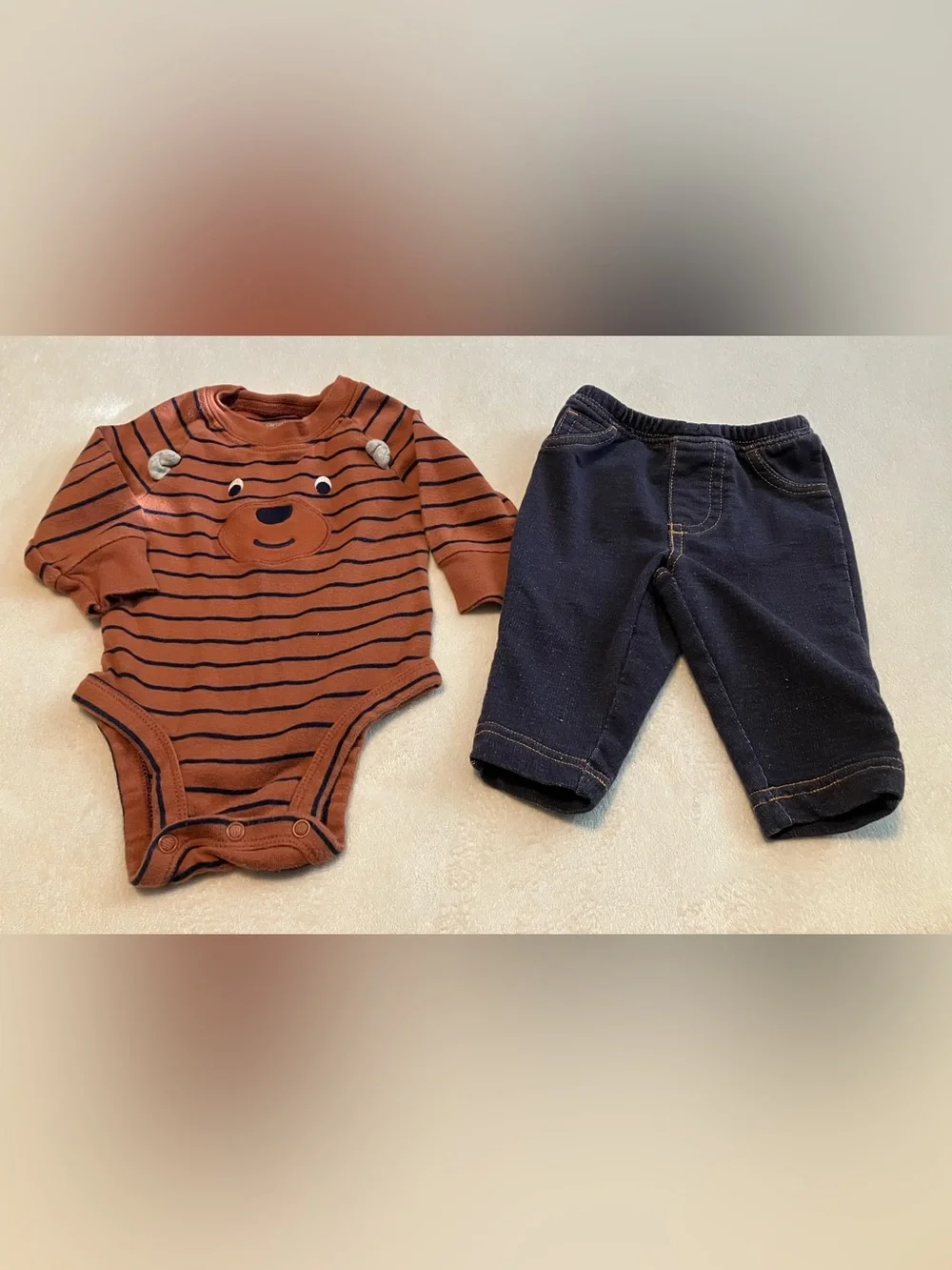 Striped Bear Bodysuit & Navy Pants Set - Rust and Navy